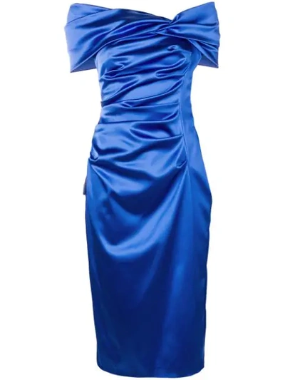 Talbot Runhof Ruched Satin Dress In Blue