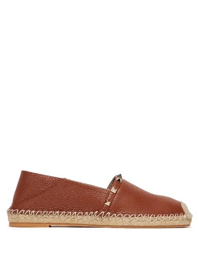 Valentino Garavani Rockstud Collapsible-heel Leather Espadrille Flats In Brown