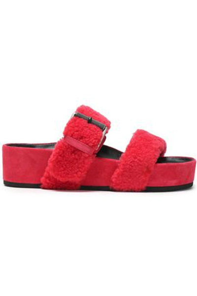 Rag & Bone Evin Shearling-trimmed Leather Platform Slides In Coral