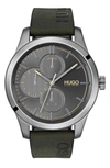 Hugo Discover Multifunction Leather Strap Watch, 46mm In Grey/green