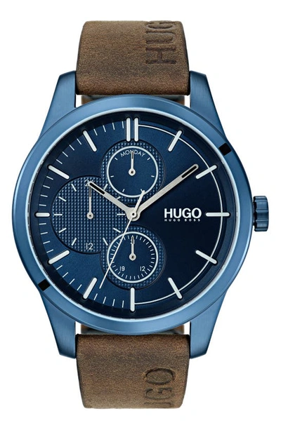 Hugo Discover Multifunction Leather Strap Watch, 46mm In Blue/brown