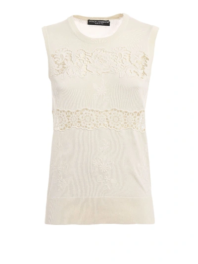 Dolce & Gabbana Lace Trimmed Knitted Top In Bianco Naturale