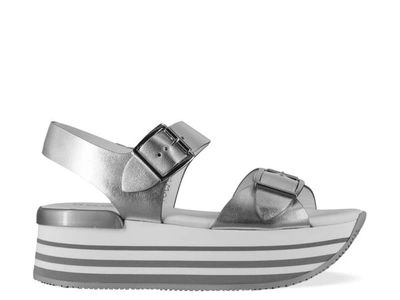 Hogan Maxi H222 Sandals In Silver Leather In Grey