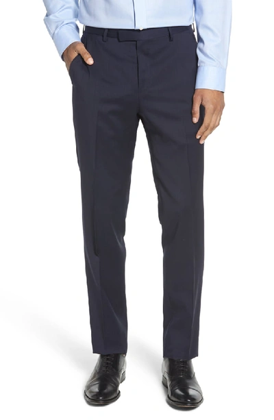 Hugo Boss Leenon Flat Front Regular Fit Solid Wool Trousers In Navy