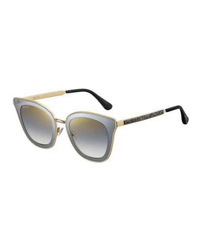 Jimmy Choo Lorys Cat-eye Mirrored Sunglasses W/ Glittered Arms In Black/gold
