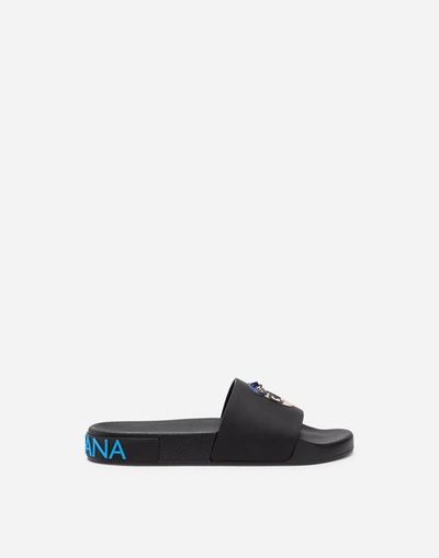 Dolce & Gabbana Rubber And Calfskin Sliders With Patches Of The Designers In Black