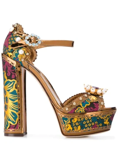 Dolce & Gabbana Platform Sandals In Lurex Jacquard With Embroidery In Gold