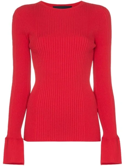 Juunj Long-sleeved Ribbed Knit Top In Red