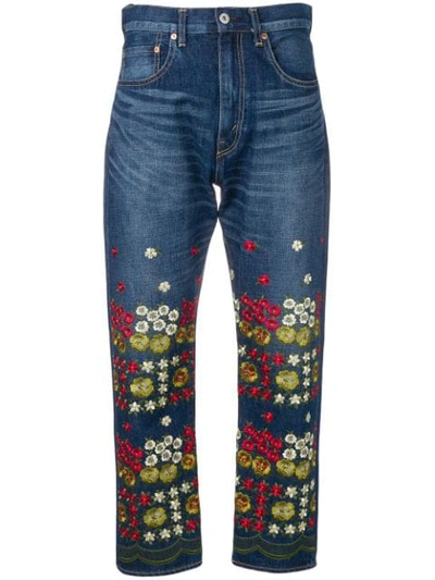 Junya Watanabe Floral Embroidered Jeans In Blue