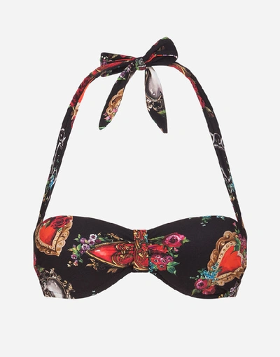 Dolce & Gabbana Sacred Heart And Rose Printed Bikini Top In Black