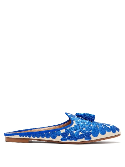 Aquazzura Fez Floral-embroidered Twill Backless Loafers In Blue, Cream