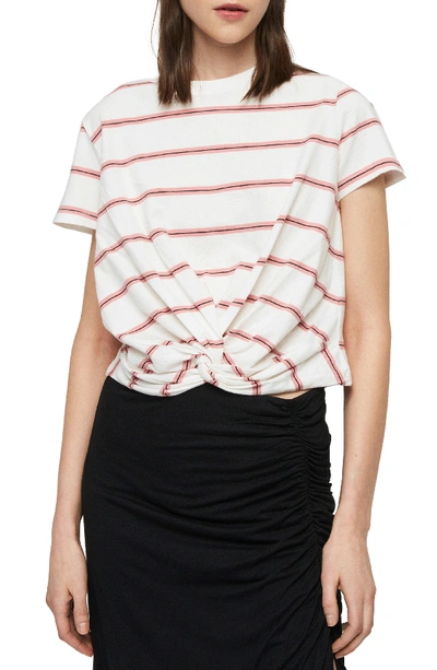 Allsaints Carme Twist-front Striped Tee In Pink/ Chalk White