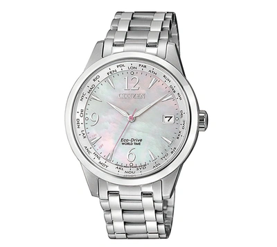 Citizen Eco-drive Women's World Time (non A-t) Stainless Steel Bracelet Watch 36mm In Mother Of Pearl,silver Tone