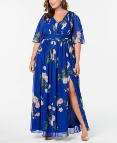 Adrianna Papell Plus Size Floral-print Gown In Royal Multi