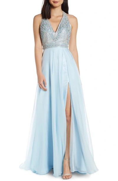 Mac Duggal Beaded Halter Chiffon A-line Gown In Ice Blue