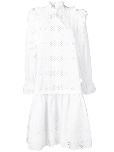 Alberta Ferretti Long Sleeve Eyelet Cotton Blend Mini Dress In White
