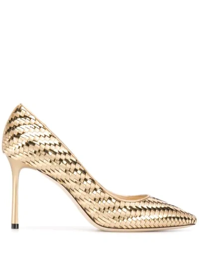 Jimmy Choo Romy 85 Gold Mix Woven Metallic Fabric Pointy Toe Pump