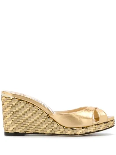 Jimmy Choo Almer 80 Gold Metallic Nappa Mules With Woven Metallic Fabric