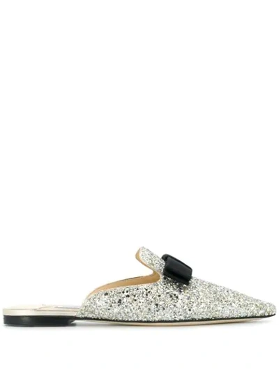 Jimmy Choo Galaxy Flat Champagne Coarse Glitter Fabric Pointy Toe Mule With Bow In Silver