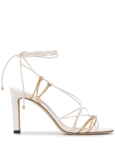 Jimmy Choo Tao 85 Latte And Metallic Gold Nappa Leather Sandal With Spaghetti Straps In Neutrals