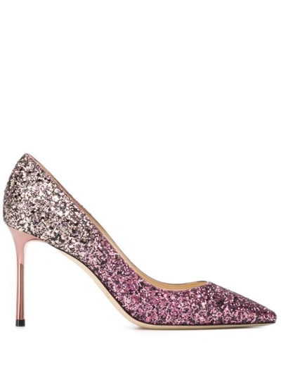 Jimmy Choo Romy 85 White Sand And Candyfloss Party Coarse Glitter Dégradé Pointy Toe Pumps In Pink