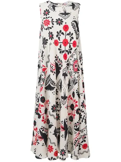 Red Valentino Multicolor Silk Flower Long Dress In White