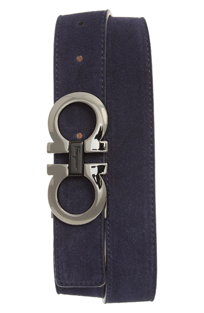 Ferragamo Etched Double Gancini Suede  Belt In Blue Marine