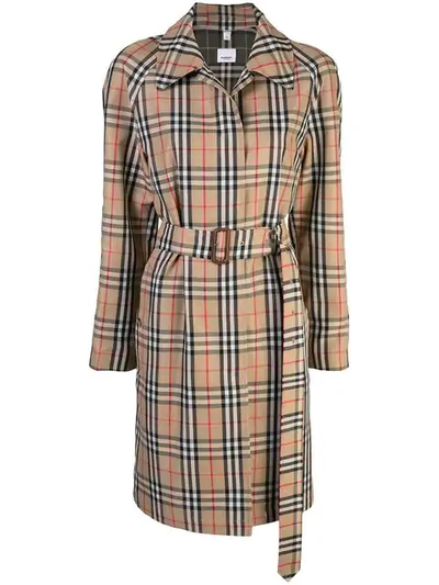 Burberry Vintage Check Nylon Belted Car Coat In Brown In Tan