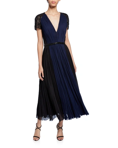 J Mendel Embellished Deep V Cocktail Dress In Black/blue