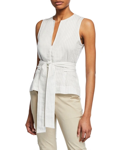 Vince Pencil-striped Belted Shell In Cream