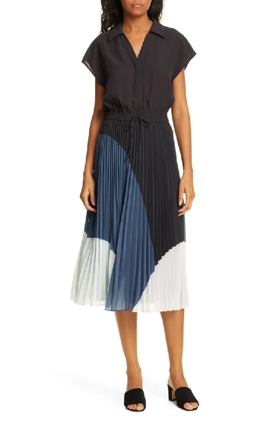 Club Monaco Shoanah Colorblock Short-sleeve Drawstring-waist Pleated Dress In Black Multi