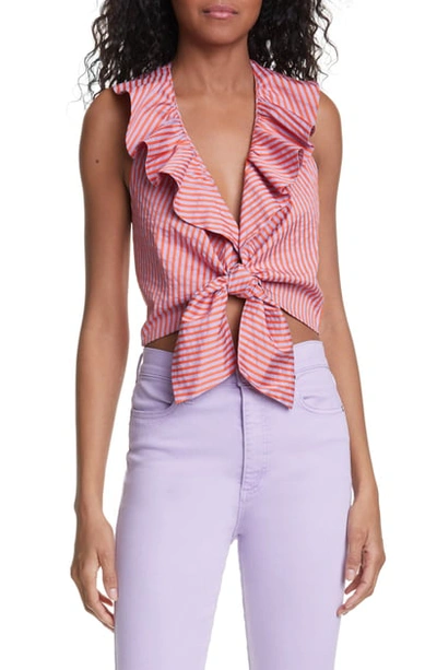 Alice And Olivia Dannette Ruffle Tie-front Crop Halter Top In Lavender/ Neon Peach