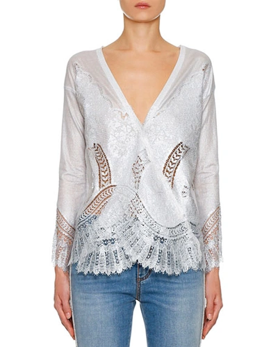 Ermanno Scervino Long-sleeve V-neck Foiled Lace-trim Sweater In White