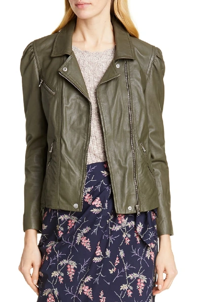 Rebecca Taylor Leather Biker Jacket With Puff Sleeves In Olive