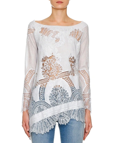 Ermanno Scervino Long-sleeve Foiled Lace-inset Tunic In White