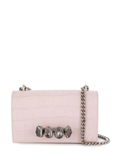 Alexander Mcqueen Jewelled Pale Rose Croco Satchel In Pink