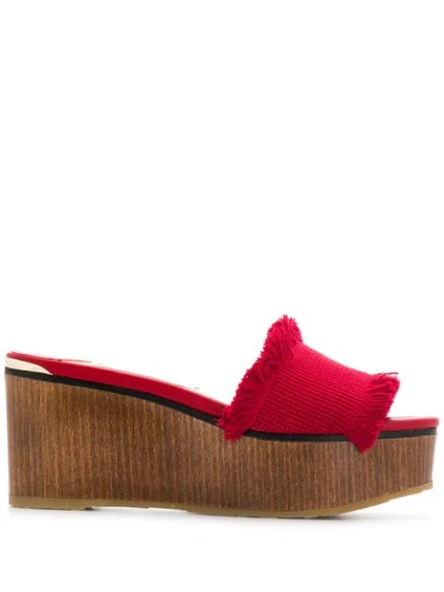 Jimmy Choo Deedee 80 Red Frayed Cotton And Wooden Wedge Sandal
