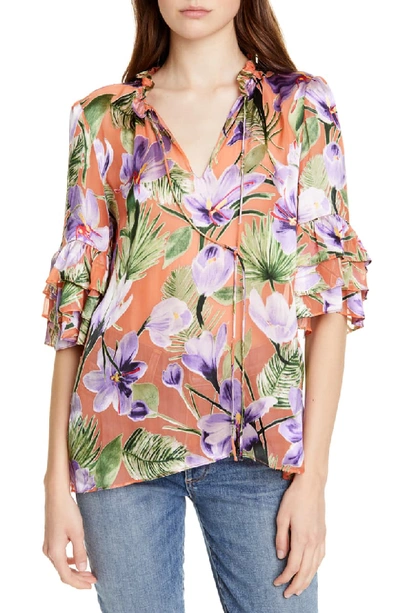 Alice And Olivia Julius Floral-print Tiered-sleeve Ruffle Tunic Top In Multi