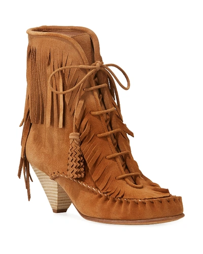 Coach Fringed Suede Moccasin Booties In Amber