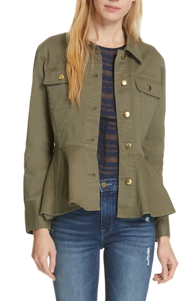 Frame Button-front Peplum Jean Jacket In Army Green
