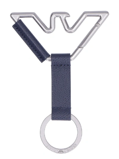 Emporio Armani Leather Keyring With Metallic Logo In Blue