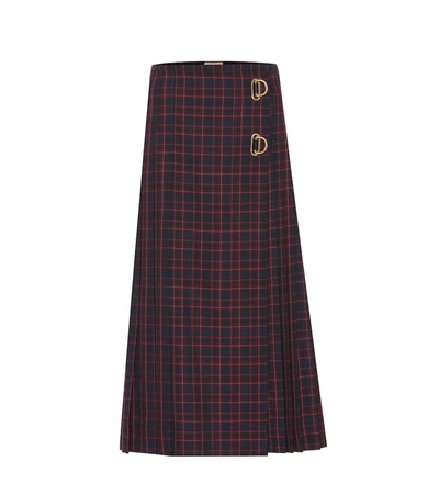 Burberry Pleated Checked Wool Skirt In Blue