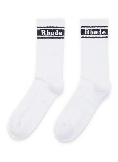 Rhude Logo Stripe Rib Crew Socks In Black/ White