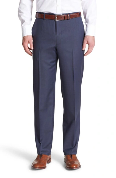 Canali Flat Front Solid Wool Trousers In Blue