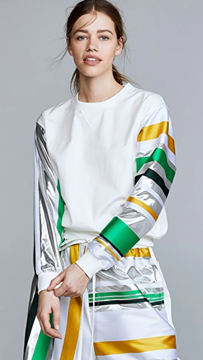 Prabal Gurung Denim Sweatshirt With Metallic Sleeves In White/emerald Silver Multi