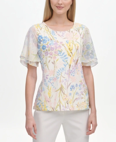 Calvin Klein Floral-print Top In White Multi