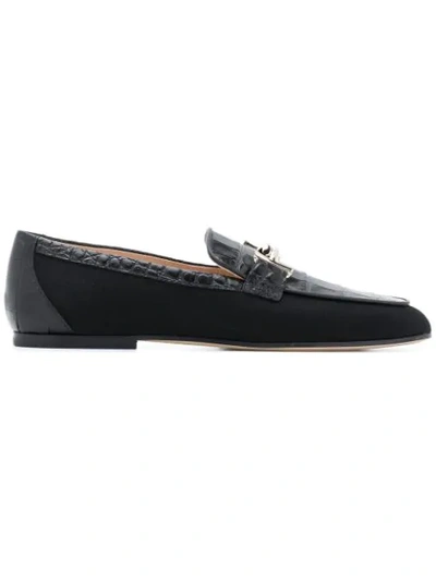 Tod's Double T-bar Crocodile-effect Leather Loafers In Black