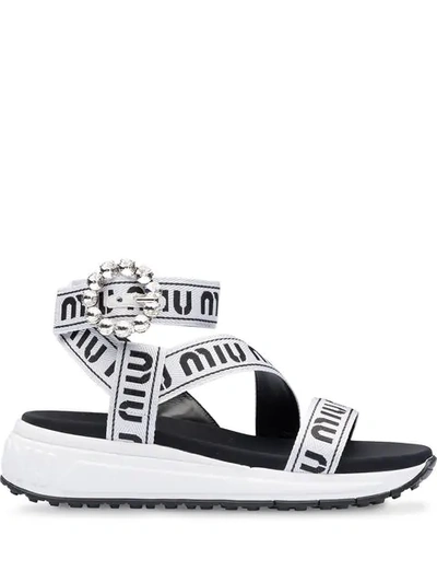 Miu Miu Sandals With Jewelled Buckle In White