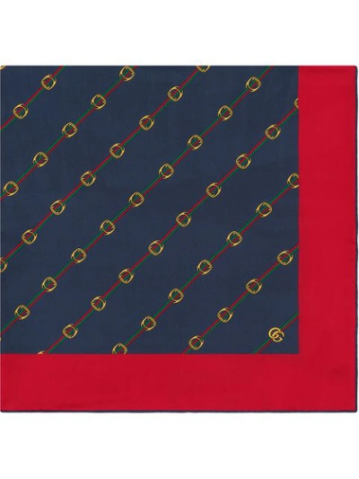 Gucci Scarf With Stirrups And Web Print In Blue