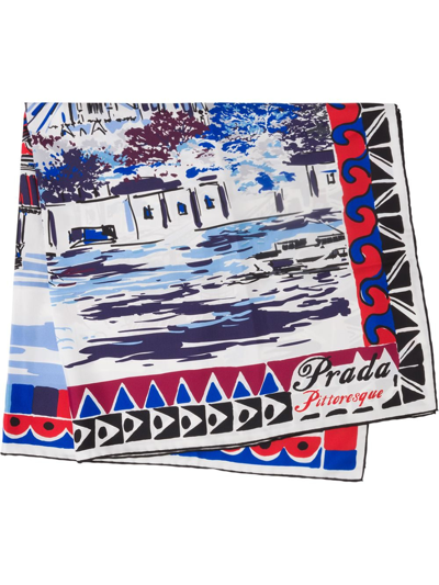 Prada Pittoresque Paris Printed Silk 90 Foulard In Navy